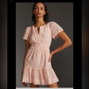 Anthropology The Somerset Eyelet Mini Dress Woman 2X Plus Pink Tiered Coquette